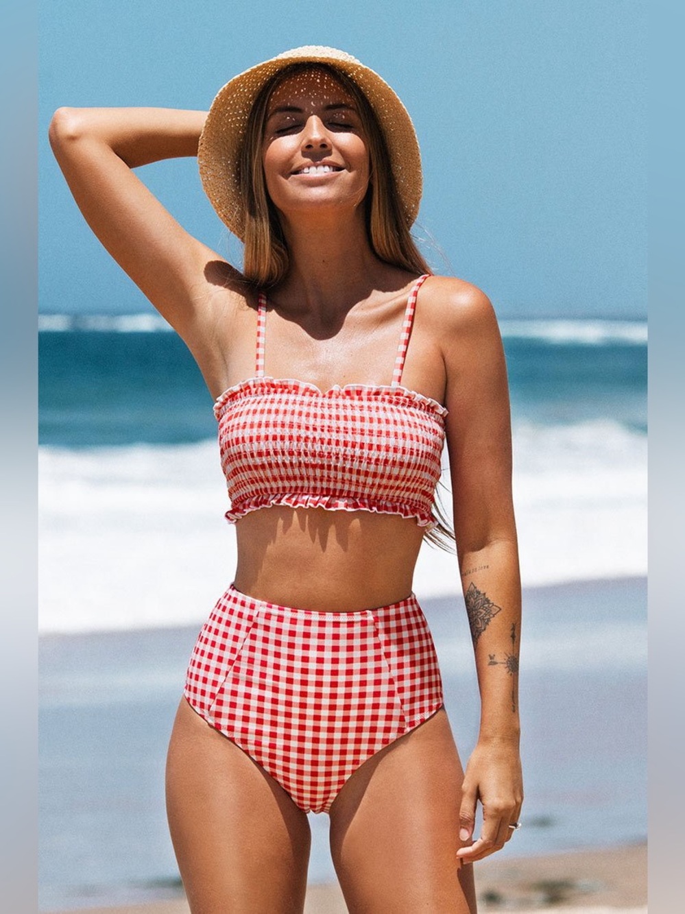 Cupshe Red & White Gingham High-Waist Bikini Bottoms